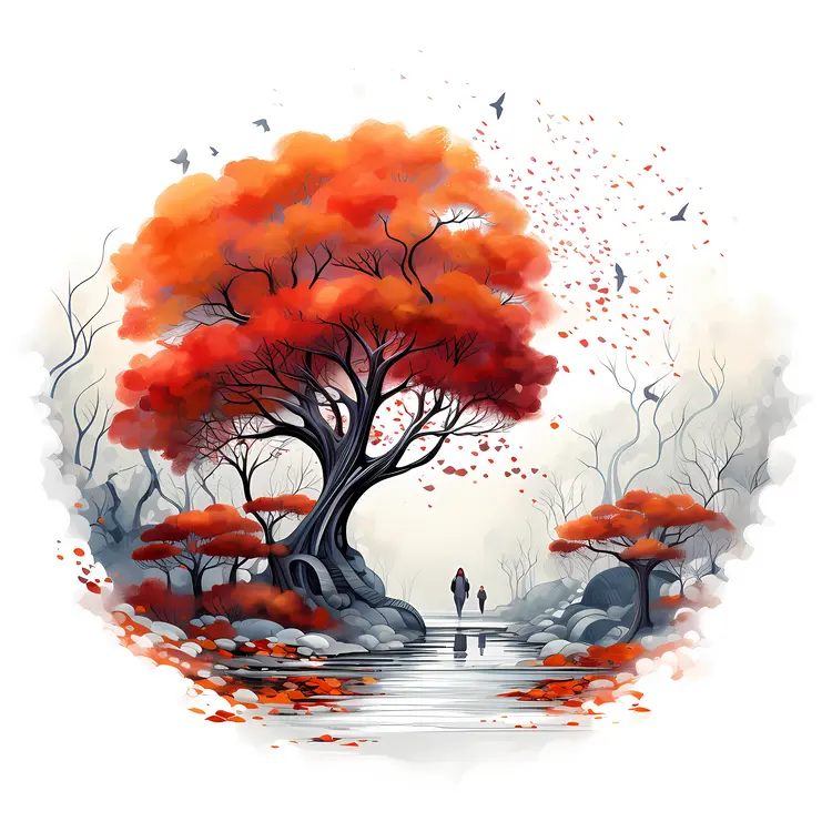 Red Tree in Autumn Path