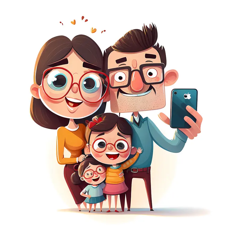 Happy Cartoon Family Taking a Selfie
