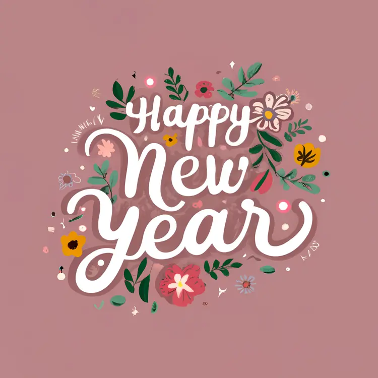 Floral Happy New Year Text with Flowers