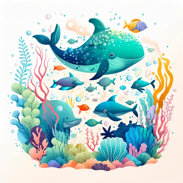 Colorful Underwater Scene with Whales and Fish