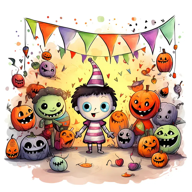Child in Halloween Costume with Pumpkins and Banners