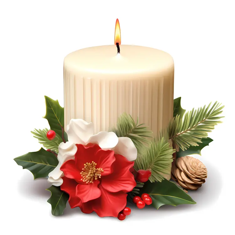 White Christmas Candle with Holly and Flower
