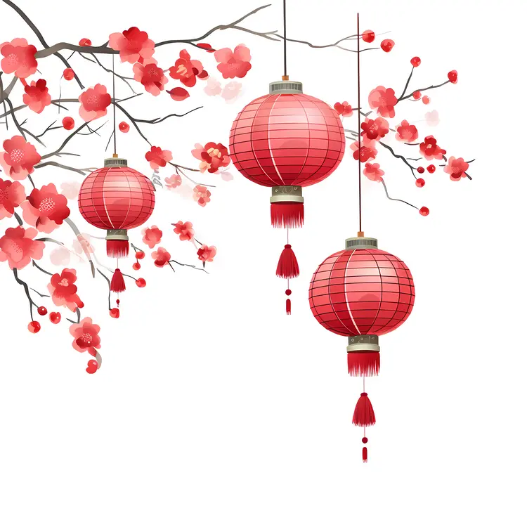 Red Lanterns and Cherry Blossoms for Chinese New Year Celebration