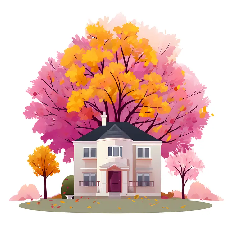 Small cute doodle house with autumn trees