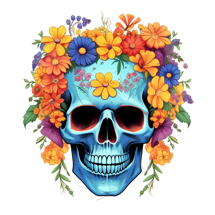 Colorful Skull with Floral Crown for Day of the Dead