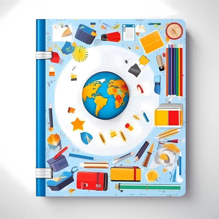 Colorful Notebook with School Supplies and Globe