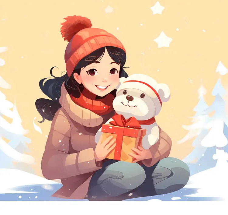 Girl with Teddy Bear and Christmas Gift