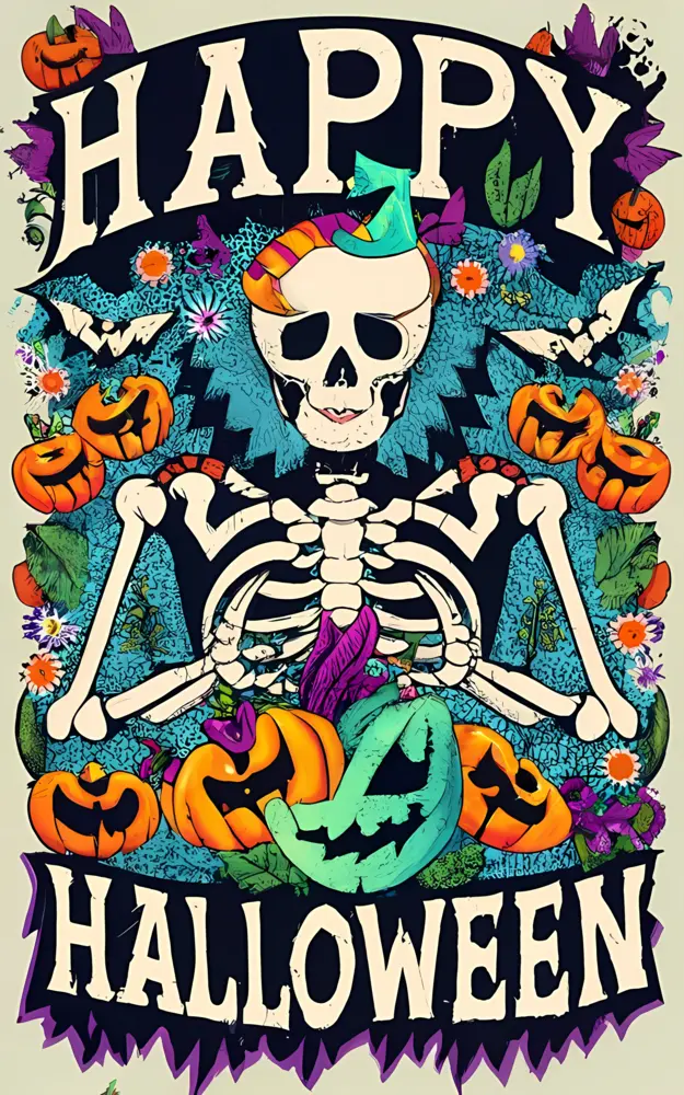 Skeleton with Pumpkins and Leaves