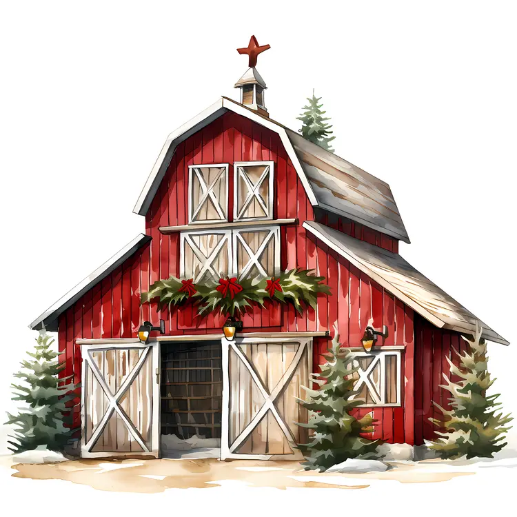 Festive Red Barn in Winter