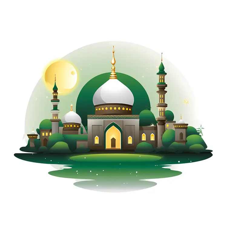 Green Mosque with Minarets and Dome