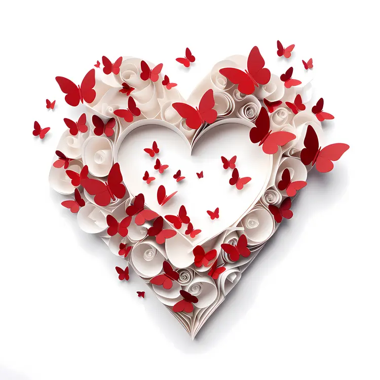 Heart with Red Butterflies in Paper Art Style