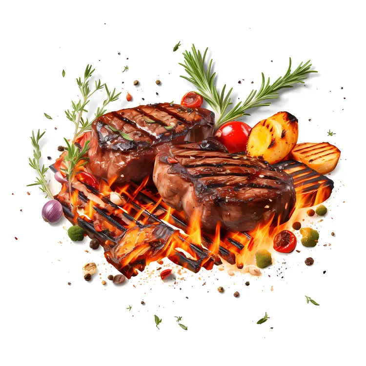 Grilled Meat and Vegetables with Flames