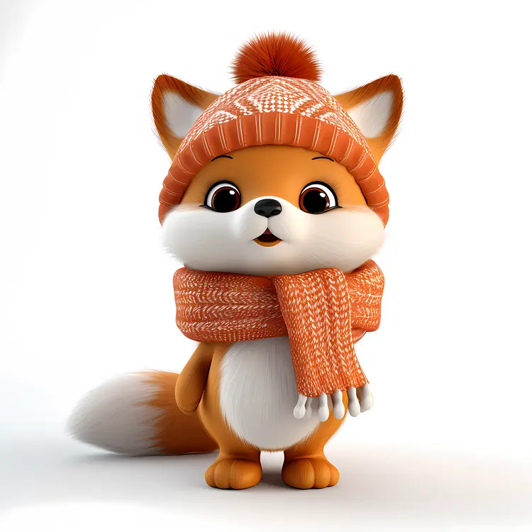 Cute Fox in Winter Hat and Scarf