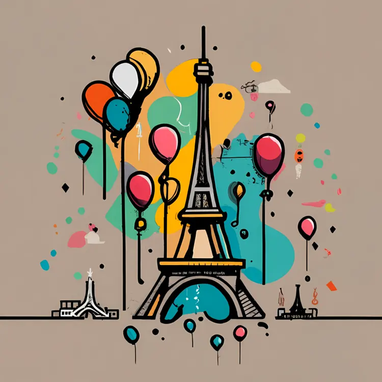 Eiffel Tower with Balloons and Colorful Background