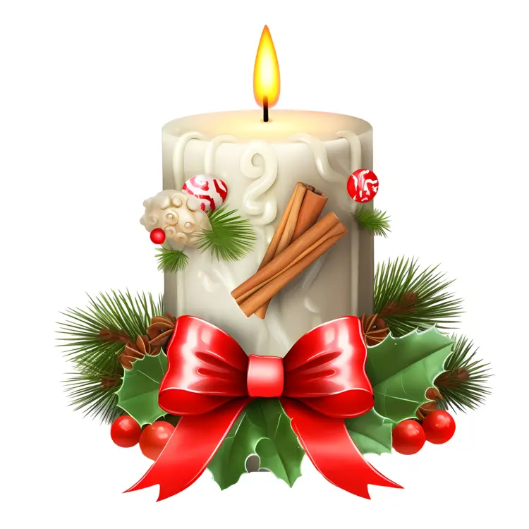 White Candle with Red Bow and Cinnamon Sticks