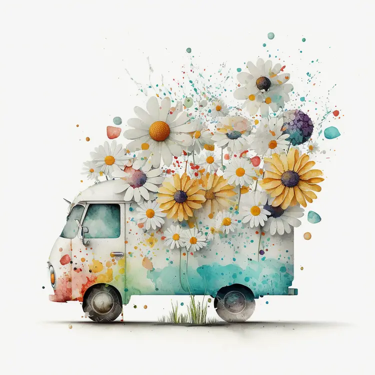 Colorful Flower Truck with Daisies and Sunflowers