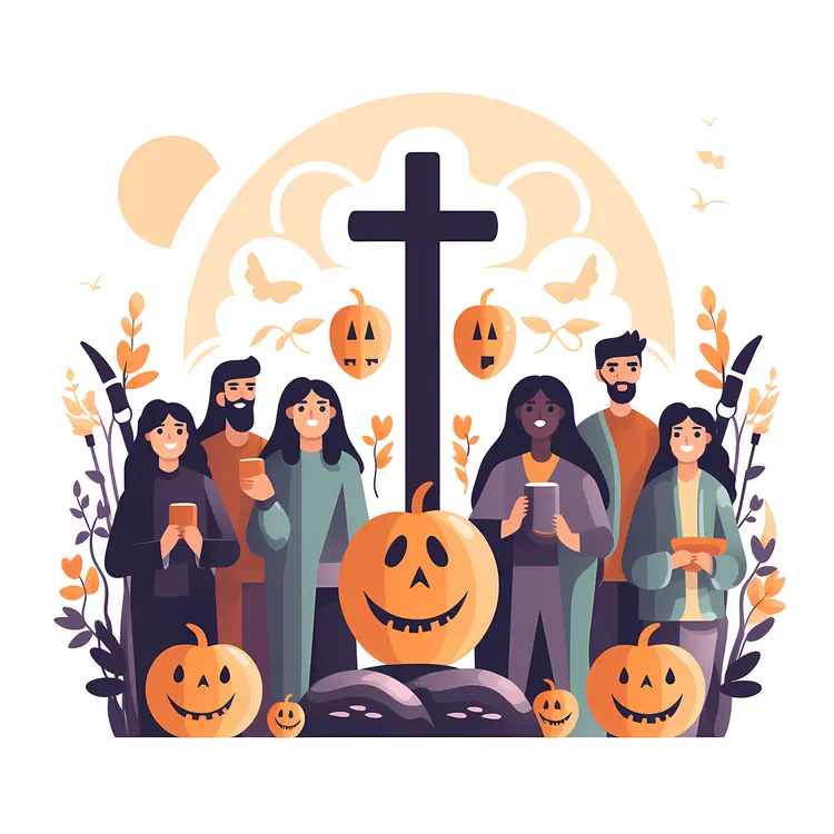 Halloween Gathering with Pumpkins and Cross