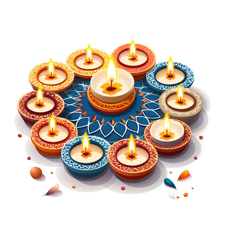 Beautiful Diya with Rangoli and Candles for Diwali