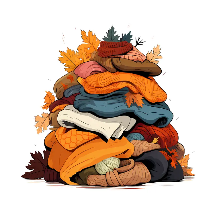 Stack of Colorful Sweaters with Autumn Leaves