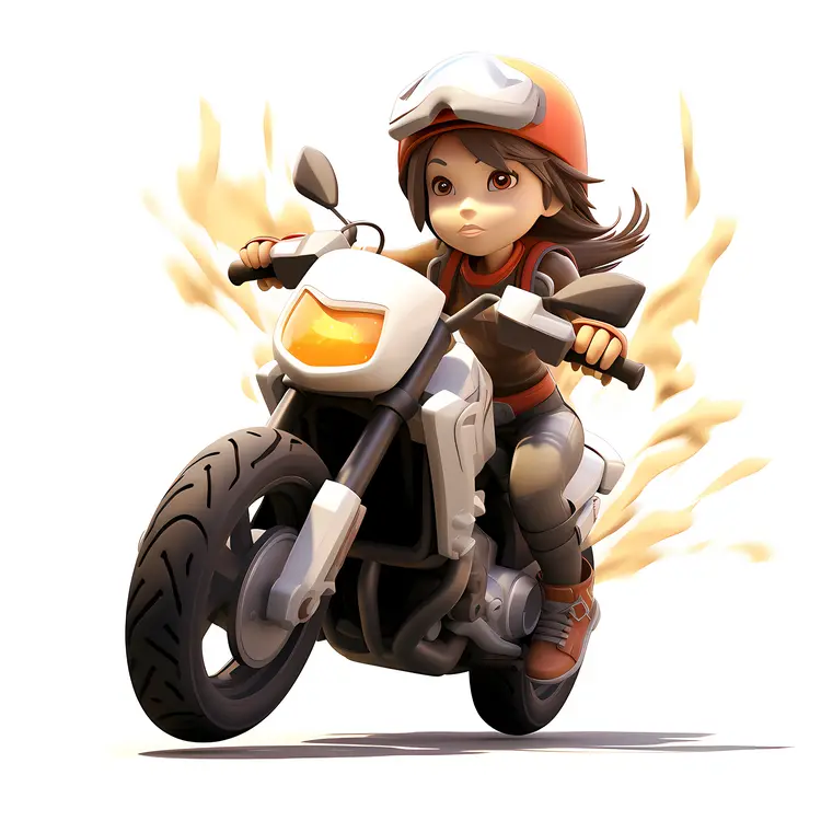 Cartoon Girl Biker on White Motorcycle