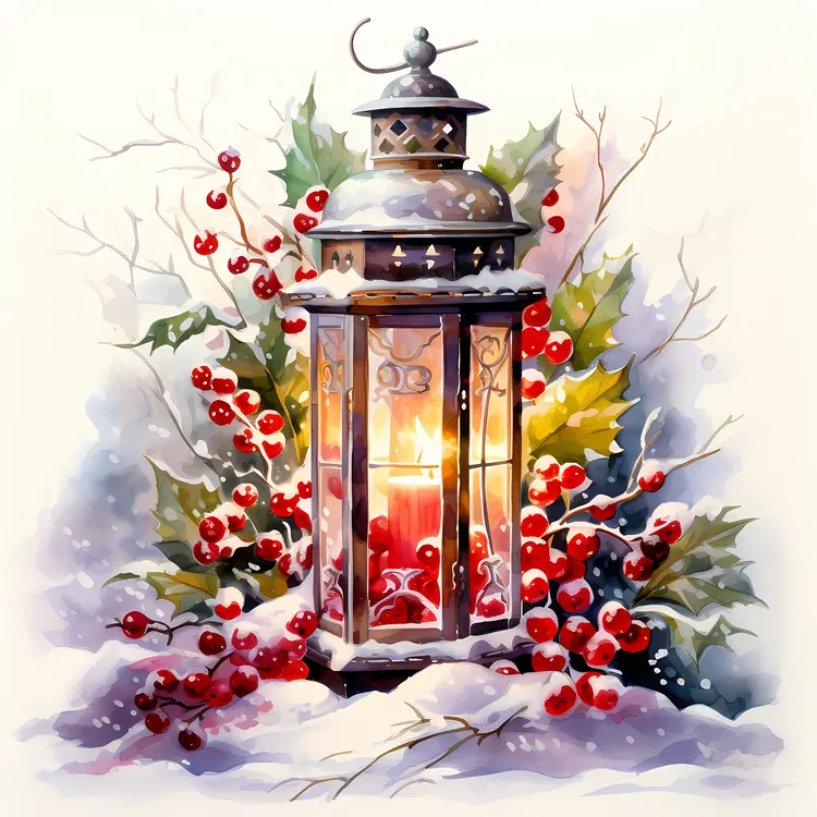 Silver Lantern with Candle and Berries for Christmas