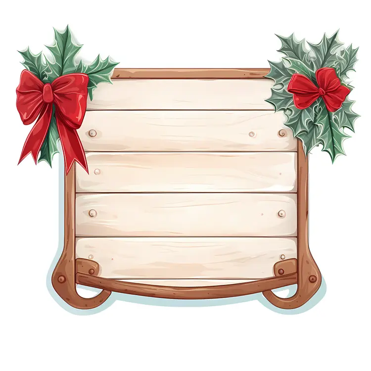Christmas Wooden Sign with Holly and Red Ribbons