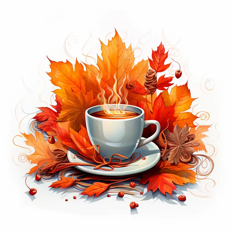 Cup with Steam and Autumn Leaves