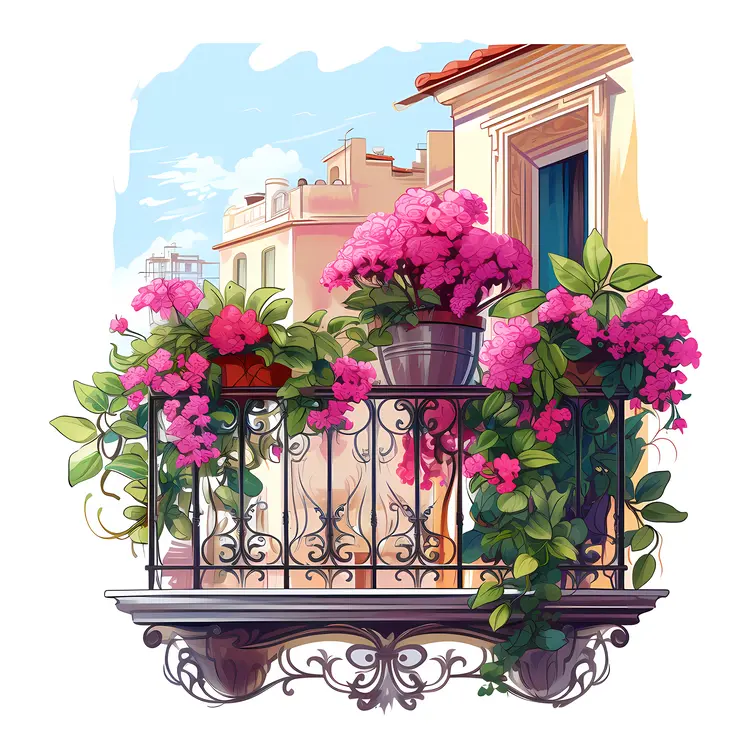Balcony Decorated with Pink Flowers