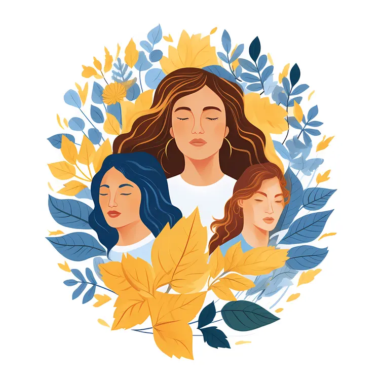 Beautiful Women Surrounded by Leaves and Flowers Illustration