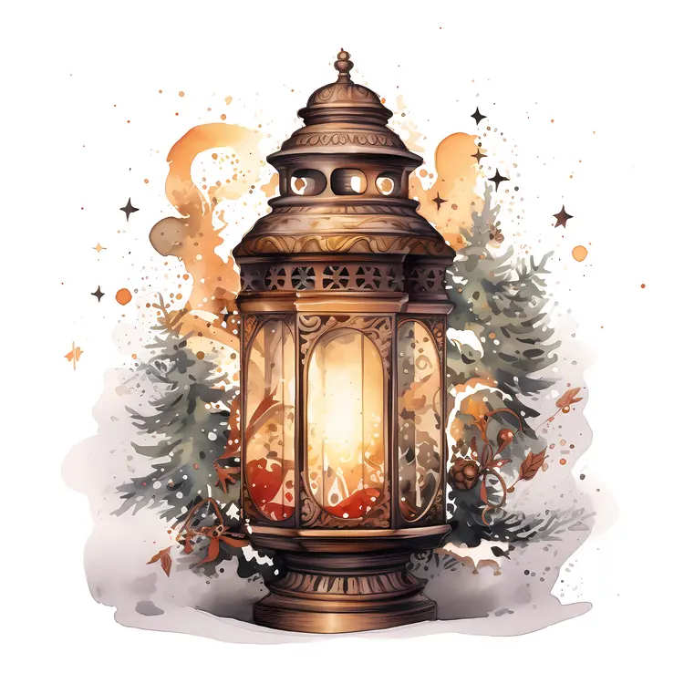 Bronze Lantern with Candle and Christmas Decorations