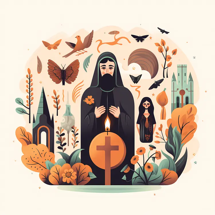 Monk with Candle and Cross in Floral Setting