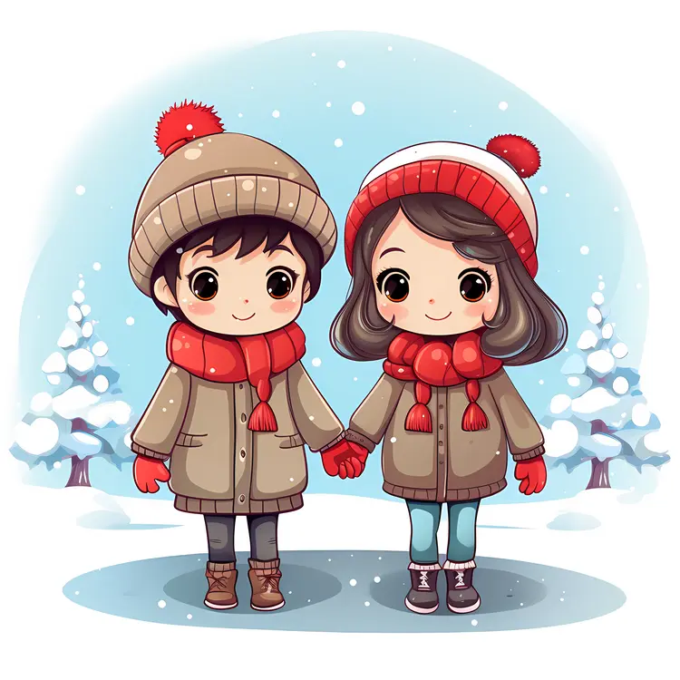 Two children in winter clothes holding hands