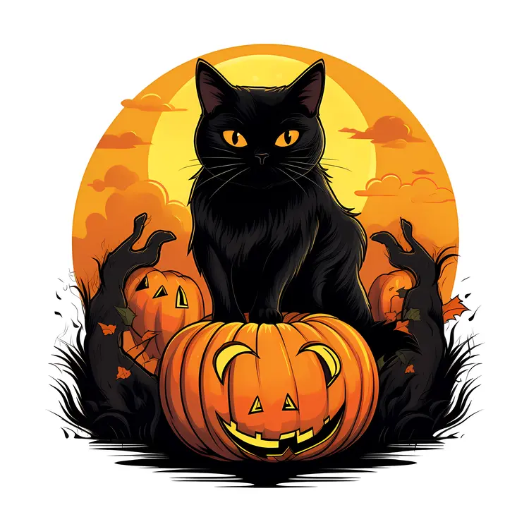 Black Cat with Pumpkins for Halloween
