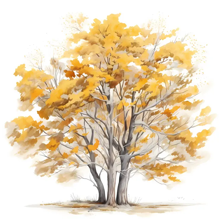 Yellow Autumn Tree with Multiple Trunks