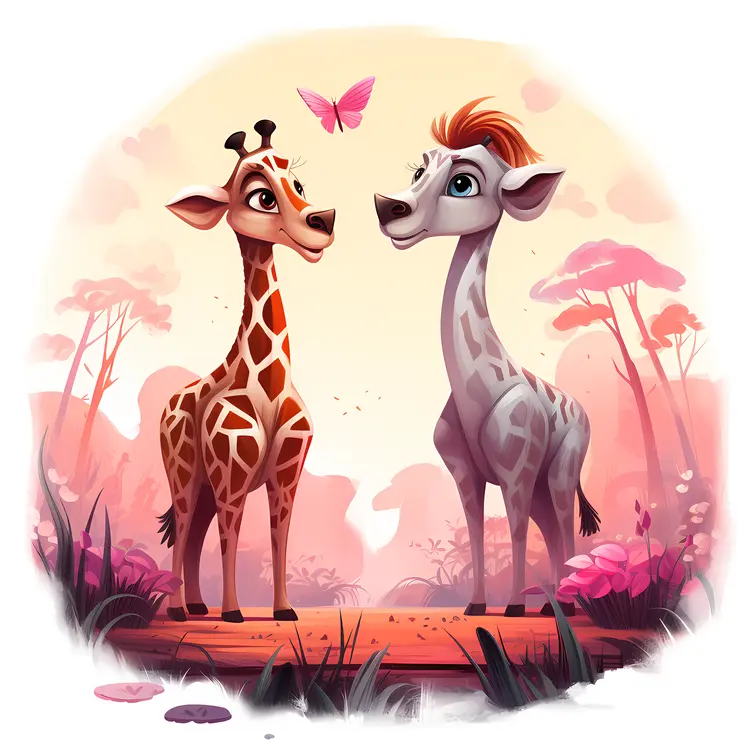 Cute Giraffes with Butterfly