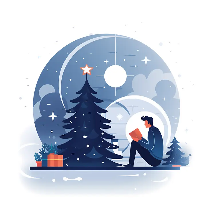 Person Reading a Book by a Christmas Tree at Night