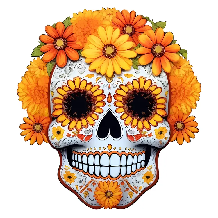 Colorful Sugar Skull with Flowers for Day of the Dead Celebration