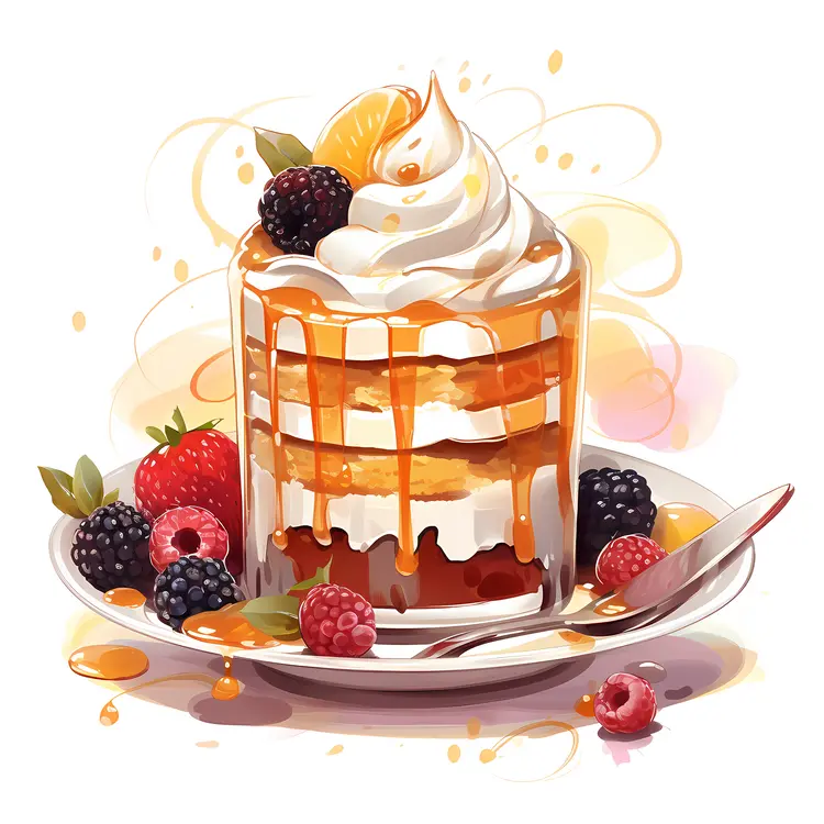 Layered Dessert with Caramel Drizzle and Berries
