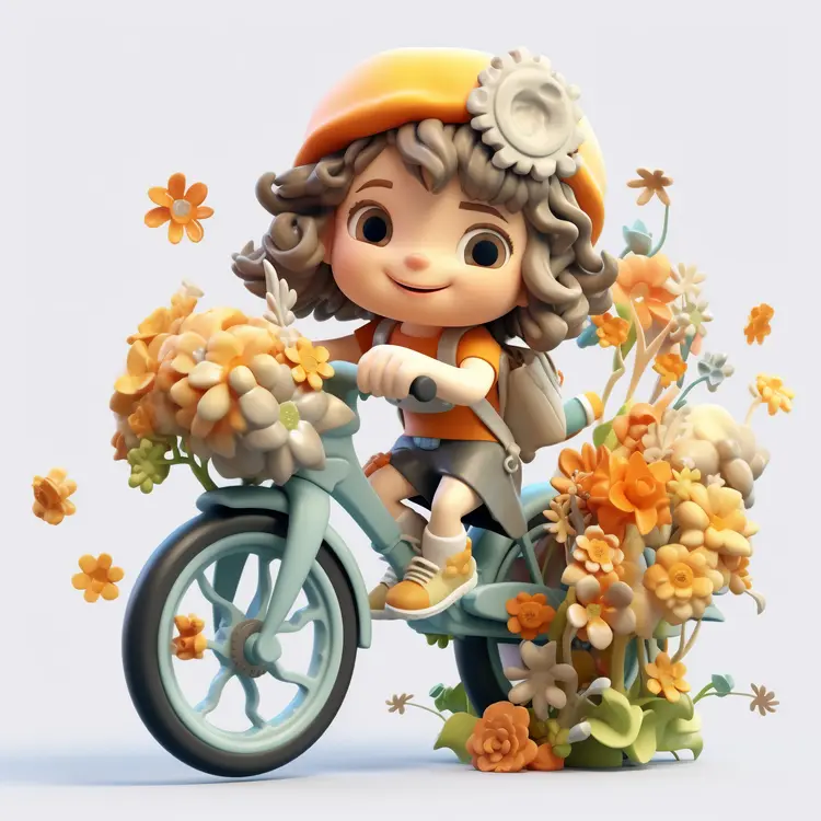 Cute Child on Bicycle with Flowers
