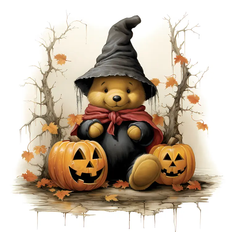 Cute Bear in Witch Hat with Pumpkins