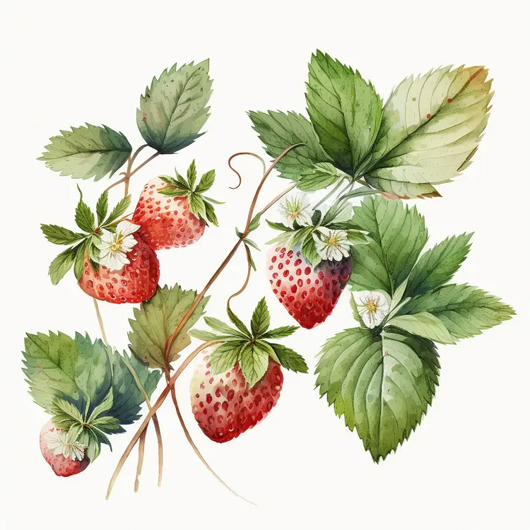 Beautiful Watercolor Strawberry Plant with Leaves and Flowers