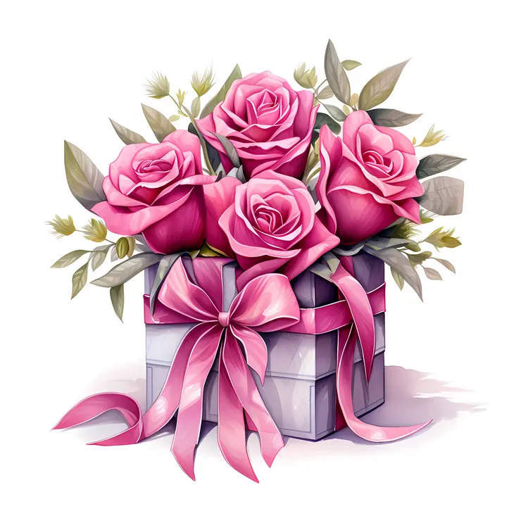 Pink Roses in a Gift Box with Ribbon