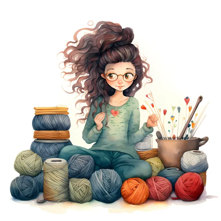 Girl with Yarn Balls and Knitting Needles