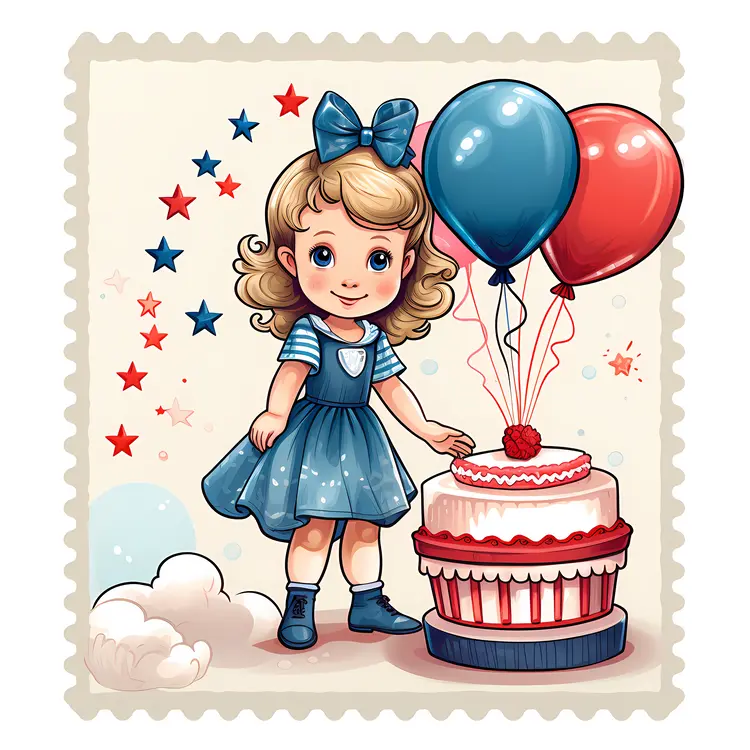 Cute Girl with Balloons and Cake