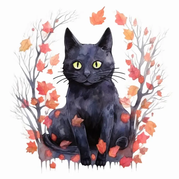 Black Cat with Autumn Leaves Illustration