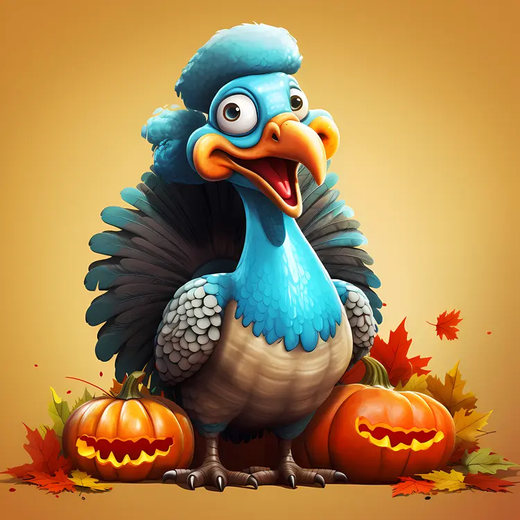 Blue Cartoon Turkey with Pumpkins and Autumn Leaves