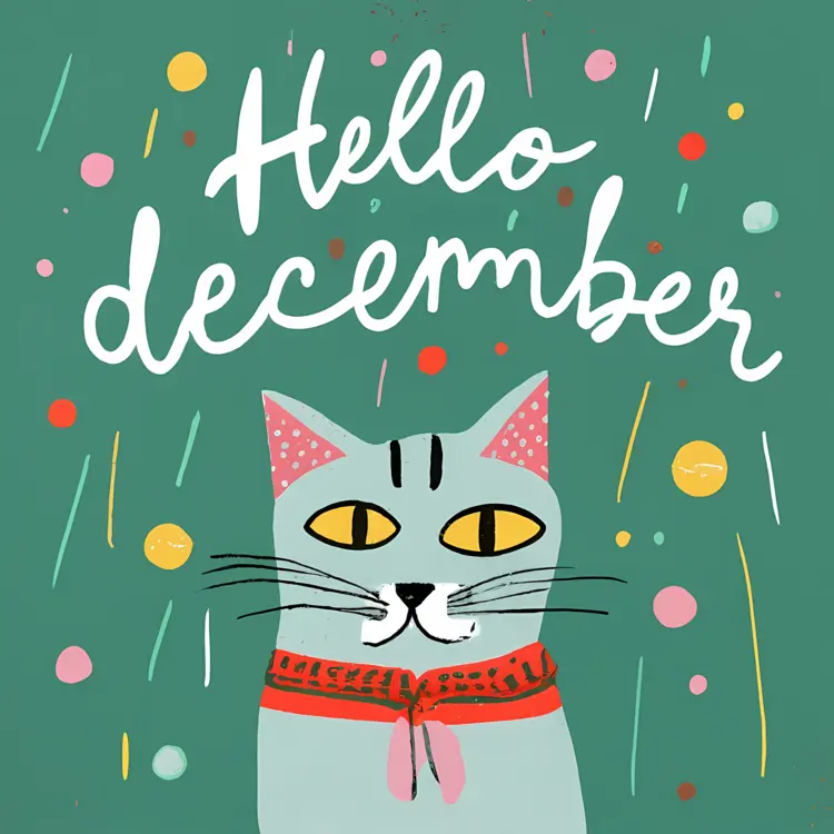 Cat with Red Scarf and Hello December Greeting