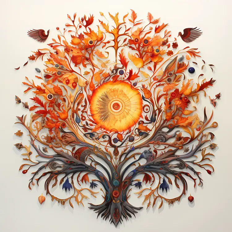 Colorful Autumn Tree with Birds and Leaves