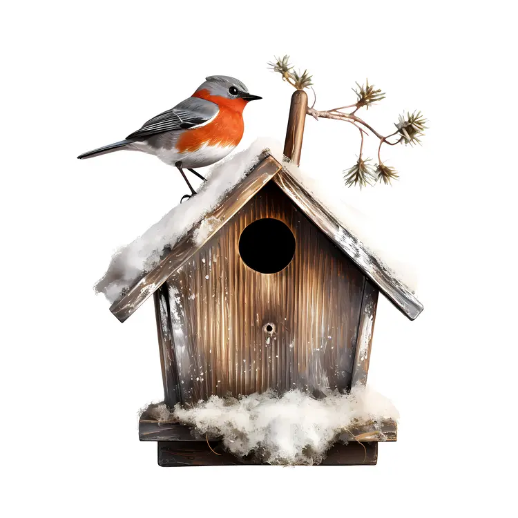 Birdhouse with Bird in Winter