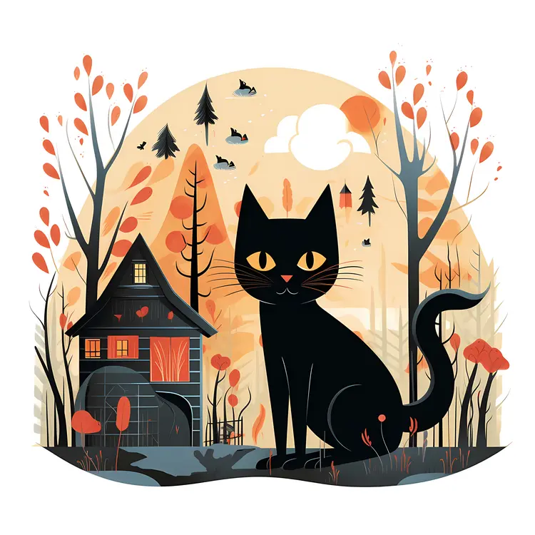 Black Cat in Front of Haunted House